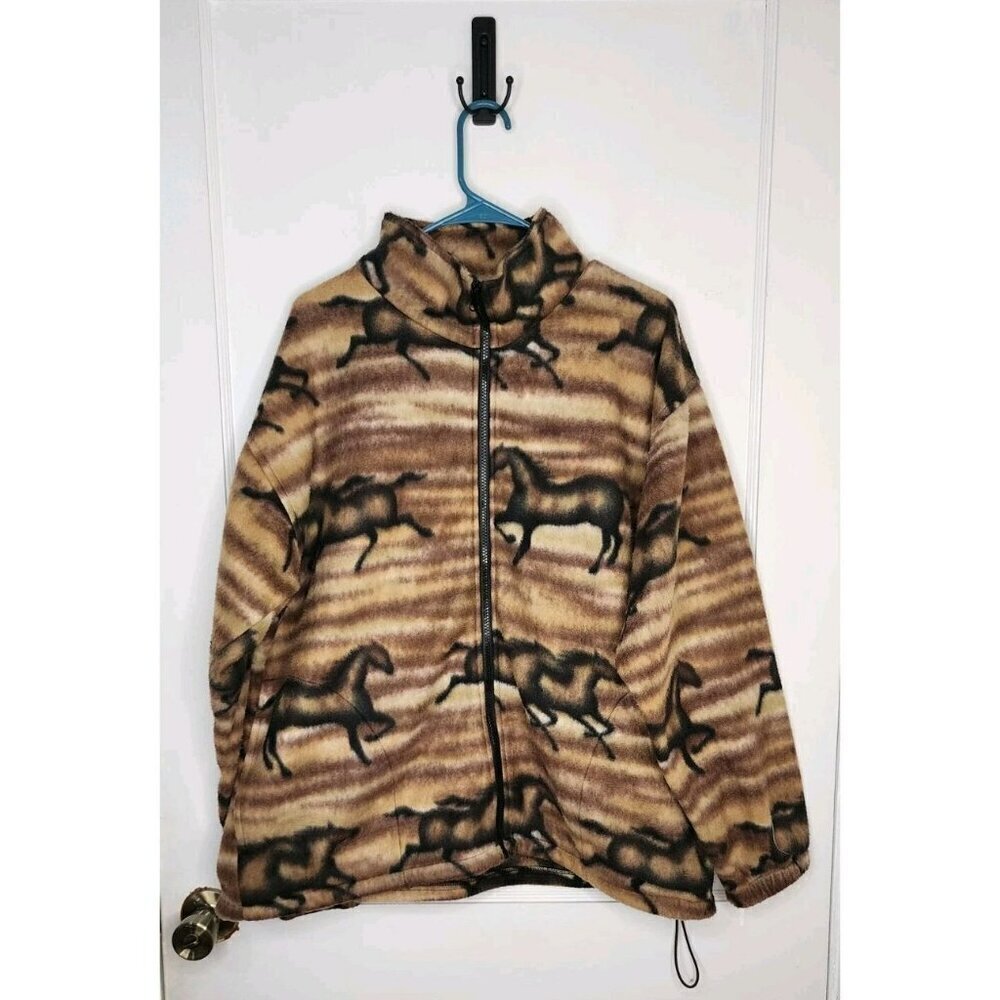 Big Chill Vtg Fleece Jacket Full Zip Size Large Running Horses Brown